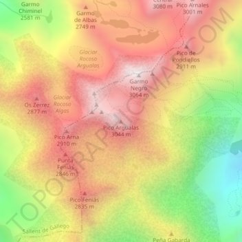 Mapa topográfico Pico Argualas, altitud, relieve