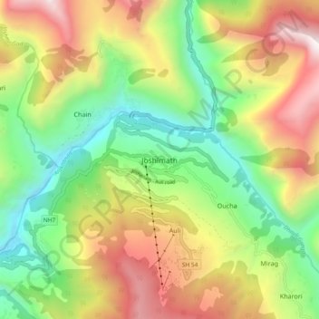 Mapa topográfico Joshimath, altitud, relieve