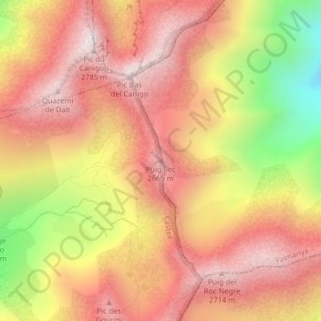 Mapa topográfico Puig Sec, altitud, relieve