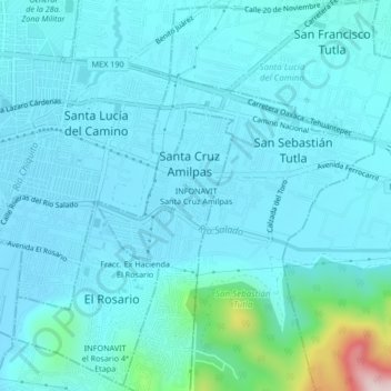 Mapa topográfico INFONAVIT Santa Cruz Amilpas, altitud, relieve