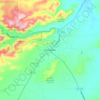 Mapa topográfico Fort Davis, altitud, relieve