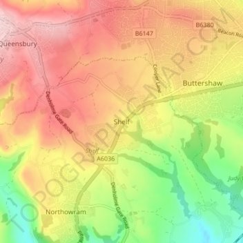 Mapa topográfico Shelf, altitud, relieve