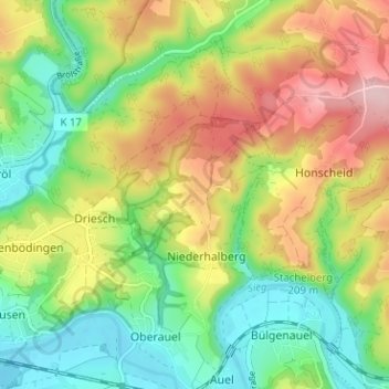 Mapa topográfico Oberhalberg, altitud, relieve