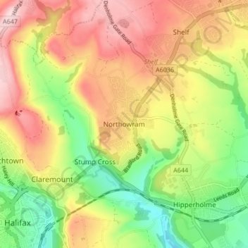 Mapa topográfico Northowram, altitud, relieve