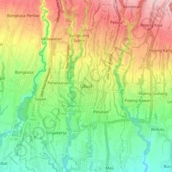 Mapa topográfico Ubud, altitud, relieve