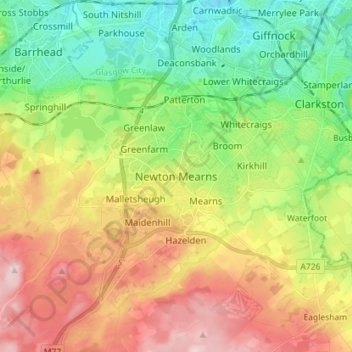 Mapa topográfico Newton Mearns, altitud, relieve