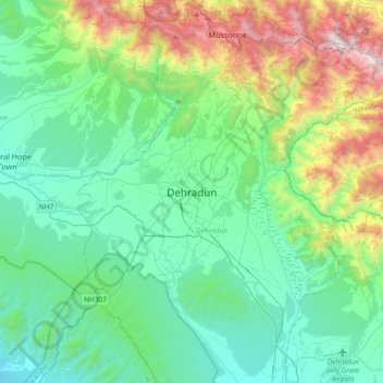 Mapa topográfico Dehradun, altitud, relieve