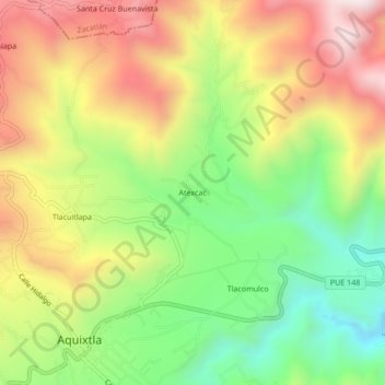 Mapa topográfico Atexcac, altitud, relieve