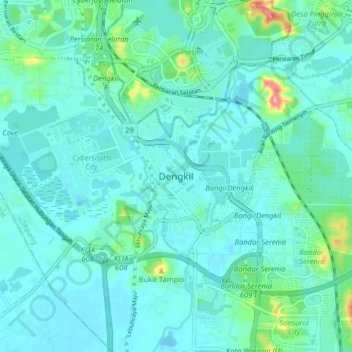 Mapa topográfico Dengkil, altitud, relieve