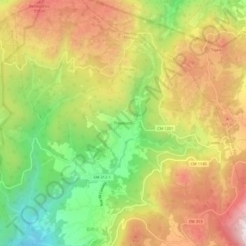 Mapa topográfico Travassos, altitud, relieve