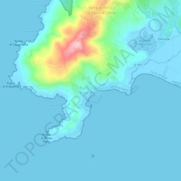 Mapa topográfico Porto Pollo, altitud, relieve