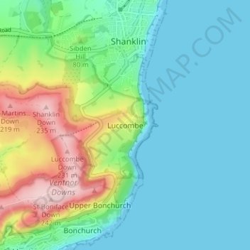 Mapa topográfico Luccombe, altitud, relieve