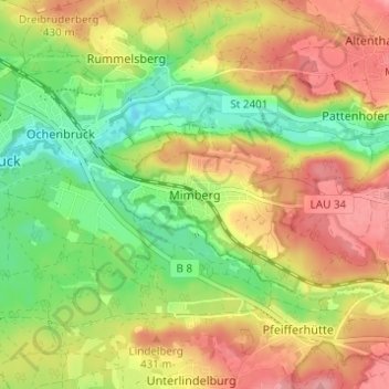 Mapa topográfico Mimberg, altitud, relieve
