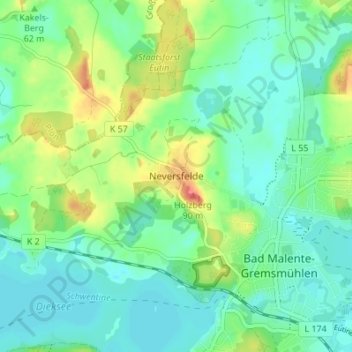 Mapa topográfico Neversfelde, altitud, relieve