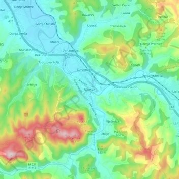 Mapa topográfico Visoko, altitud, relieve