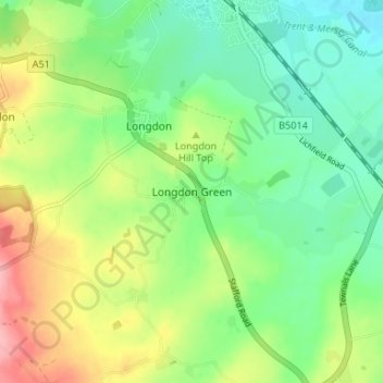 Mapa topográfico Longdon Green, altitud, relieve