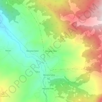 Mapa topográfico Mezzana Torre, altitud, relieve
