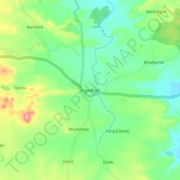 Mapa topográfico Kondhali, altitud, relieve