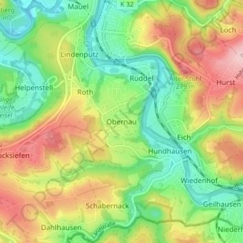 Mapa topográfico Obernau, altitud, relieve