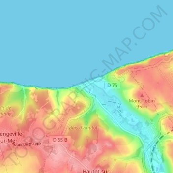 Mapa topográfico Pourville-sur-Mer, altitud, relieve