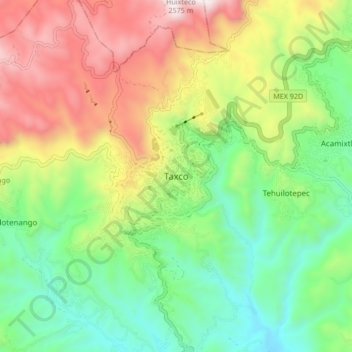 Mapa topográfico Taxco, altitud, relieve