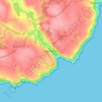 Mapa topográfico Lamorna, altitud, relieve