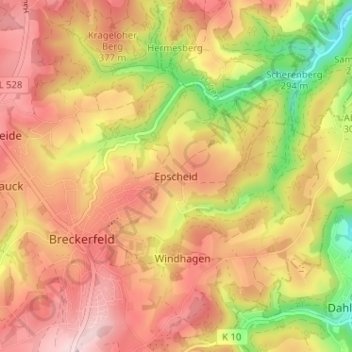 Mapa topográfico Epscheid, altitud, relieve