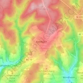 Mapa topográfico Kehlbach, altitud, relieve