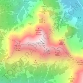 Mapa topográfico Prisojnik, altitud, relieve
