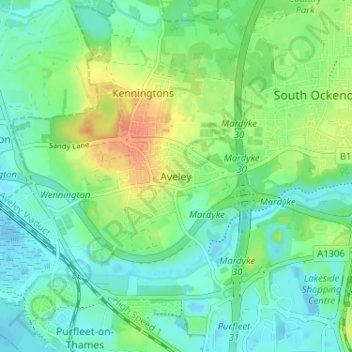 Mapa topográfico Aveley, altitud, relieve