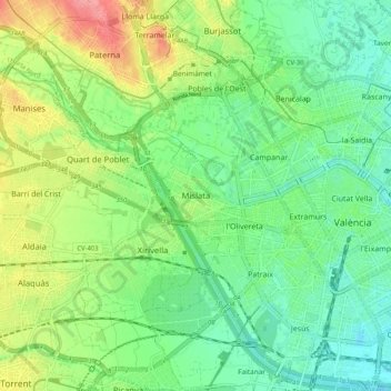 Mapa topográfico Mislata, altitud, relieve