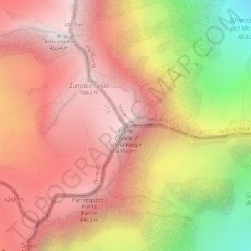 Mapa topográfico Punta Gnifetti, altitud, relieve