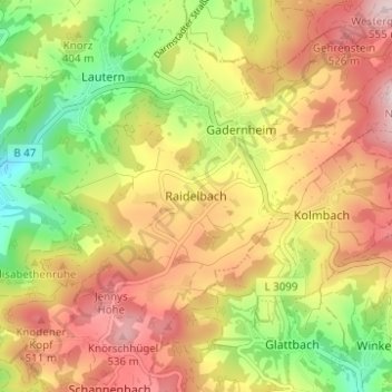 Mapa topográfico Raidelbach, altitud, relieve