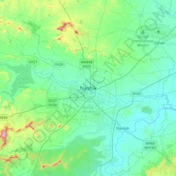 Mapa topográfico Nashik, altitud, relieve