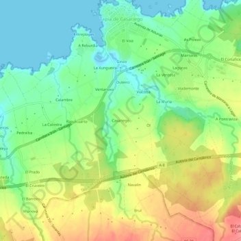 Mapa topográfico Casariego, altitud, relieve