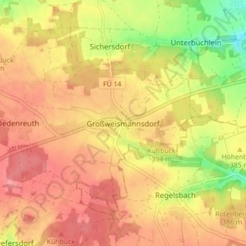Mapa topográfico Großweismannsdorf, altitud, relieve