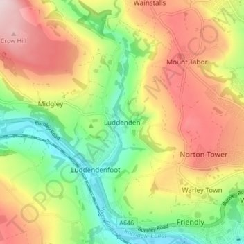 Mapa topográfico Luddenden, altitud, relieve