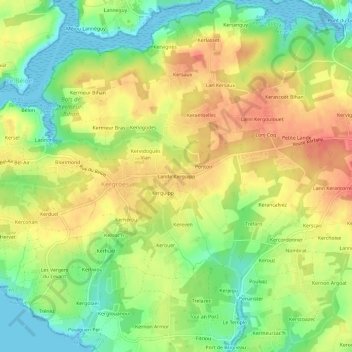 Mapa topográfico Lande Kerguipp, altitud, relieve