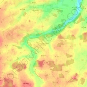 Mapa topográfico Peterskirchen, altitud, relieve