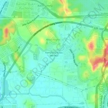 Mapa topográfico Kampung Pulau Meranti, altitud, relieve