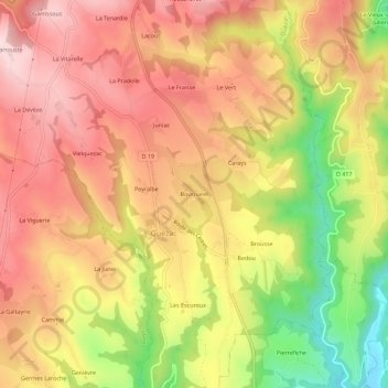 Mapa topográfico Bournarel, altitud, relieve