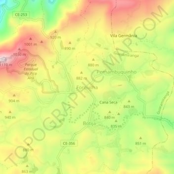 Mapa topográfico Forquilha, altitud, relieve