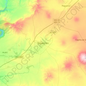 Mapa topográfico Tepatitlán, altitud, relieve