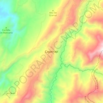 Mapa topográfico Caparrapí, altitud, relieve