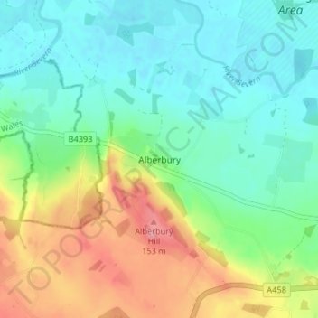 Mapa topográfico Alberbury, altitud, relieve