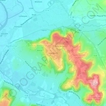 Mapa topográfico Saint-Martin, altitud, relieve