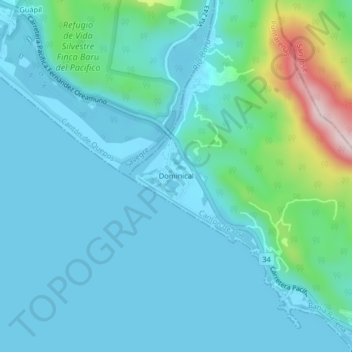 Mapa topográfico Dominical, altitud, relieve