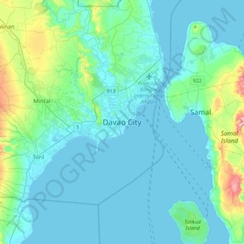 Mapa topográfico Ciudad de Dávao, altitud, relieve