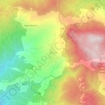 Mapa topográfico Selvena, altitud, relieve