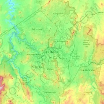 Mapa topográfico Canberra, altitud, relieve